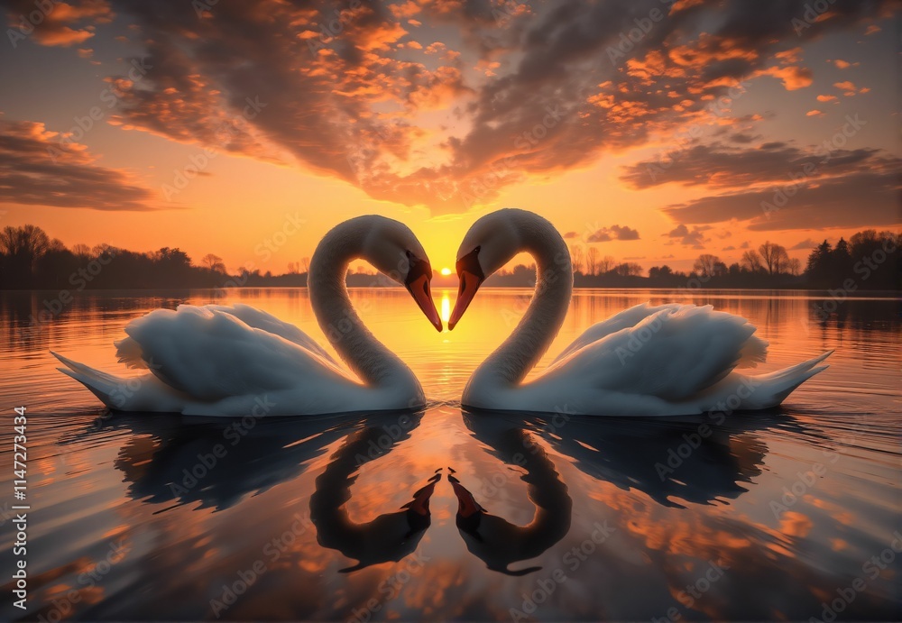 Fototapeta premium Romantic Swans at Sunset: A Serene Lake Reflection