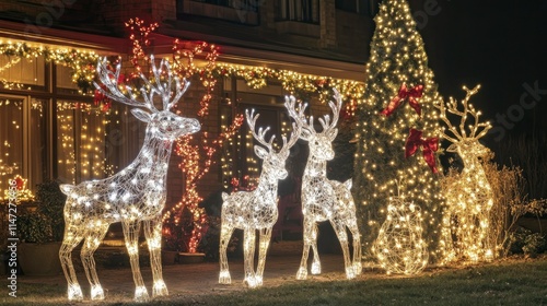 Festive outdoor display of illuminated reindeer and a glowing Christmas tree adorning a cozy home during the holiday season