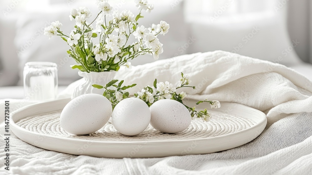 Delicate arrangement of white eggs on a round tray surrounded by blooming flowers creating a serene spring ambiance Delicate arrangement of white eggs on a round tray surrounded by blooming flowers creating a serene spring ambiance