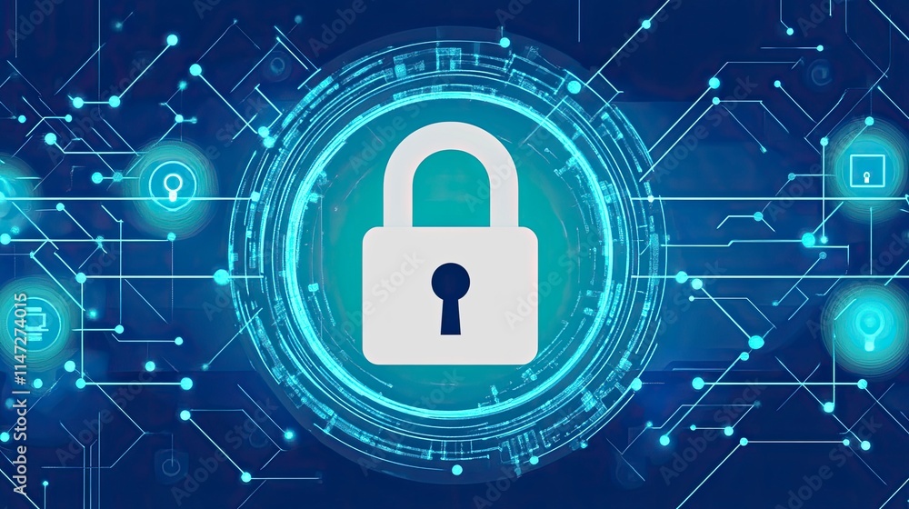 A visually striking digital security concept featuring a central lock icon amidst a network of glowing connections and technology elements A visually striking digital security concept featuring a central lock icon amidst a network of glowing connections and technology elements