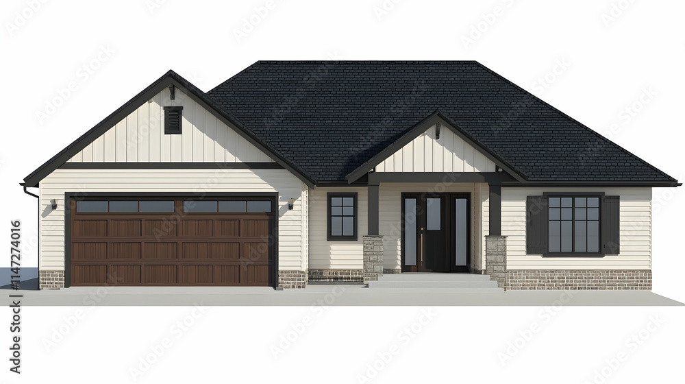 A modern single-story house with a garage, front porch, and stylish design elements. A modern single-story house with a garage, front porch, and stylish design elements.