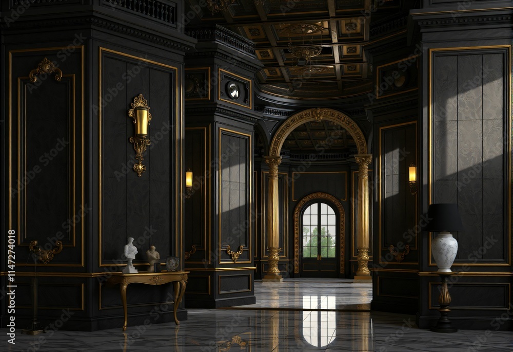 Fototapeta premium Opulent Black and Gold Interior Design: A Grand Hall with Gilded Accents and Marble Flooring