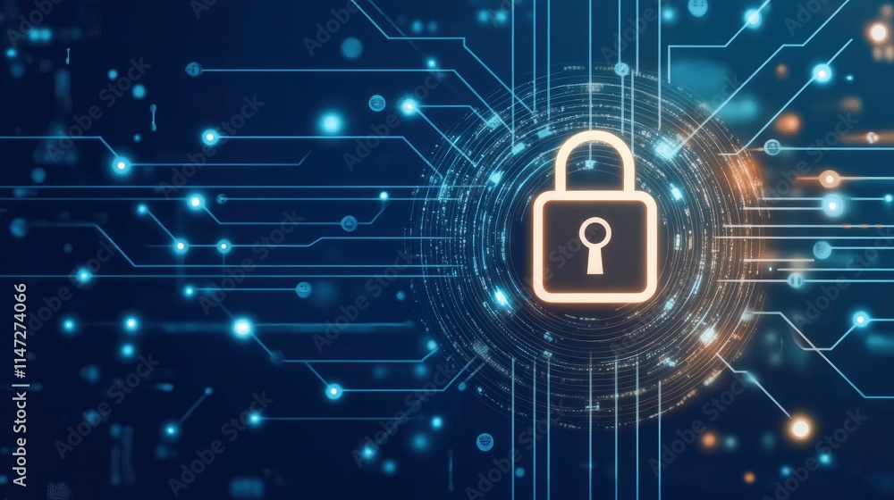 A digital lock icon symbolizing cybersecurity and data protection amidst a network of interconnected circuits and nodes A digital lock icon symbolizing cybersecurity and data protection amidst a network of interconnected circuits and nodes