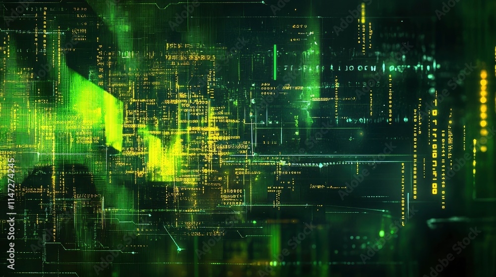 Abstract digital background featuring a vibrant green and yellow color palette with intricate patterns representing data and technology Abstract digital background featuring a vibrant green and yellow color palette with intricate patterns representing data and technology