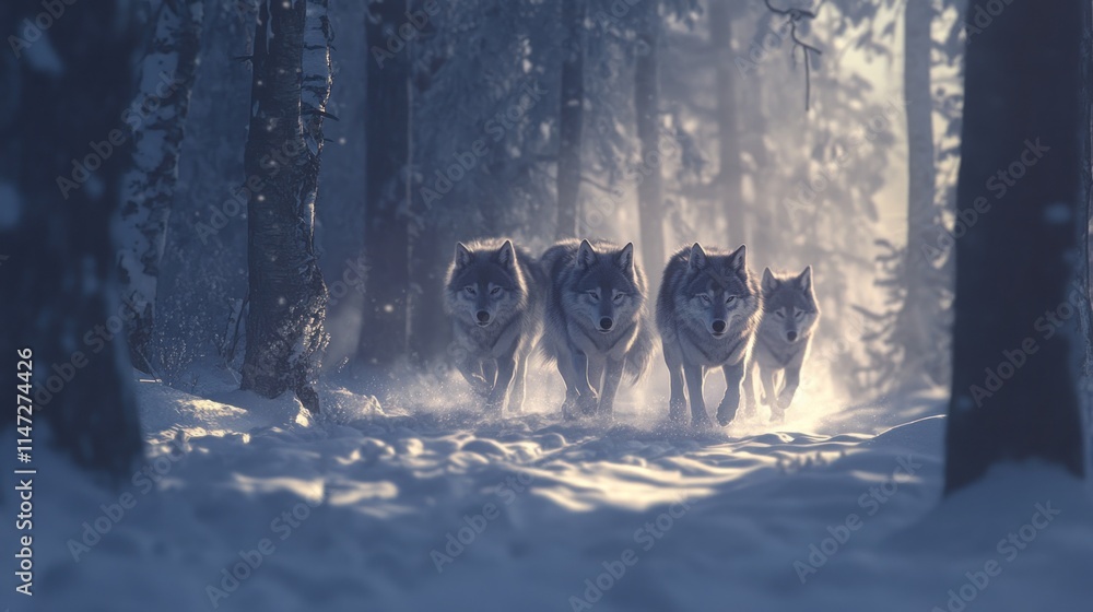 Wolves Running Through A Snowy Winter Forest