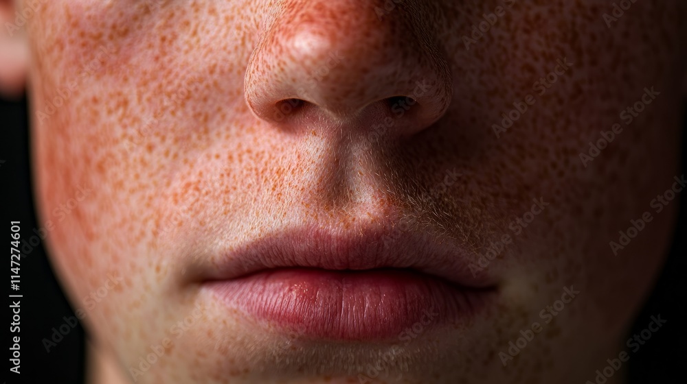 Close up of red irritated nose, emphasizing the discomfort and struggle of allergies or cold symptoms, highlighting the human vulnerability and resilience in the face of common ailments. Close up of red irritated nose, emphasizing the discomfort and struggle of allergies or cold symptoms, highlighting the human vulnerability and resilience in the face of common ailments.