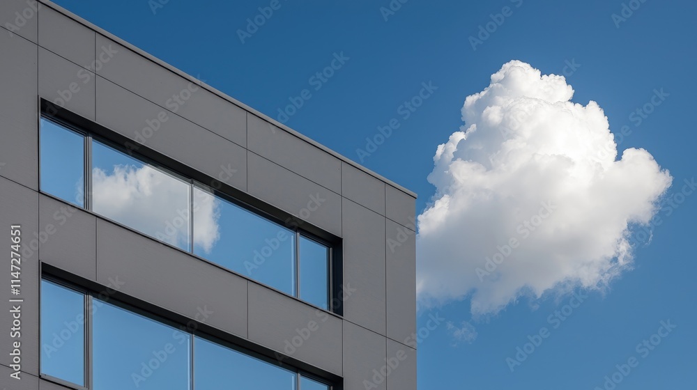 Obraz premium Modern office building facade with glass windows reflecting the blue sky and a single fluffy white cloud.