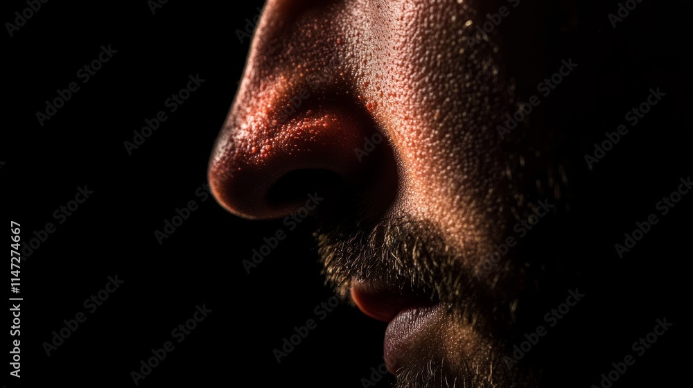Obraz premium Close up of red irritated nose, emphasizing the discomfort and struggle of allergies or cold symptoms, highlighting the human vulnerability and resilience in the face of common ailments.