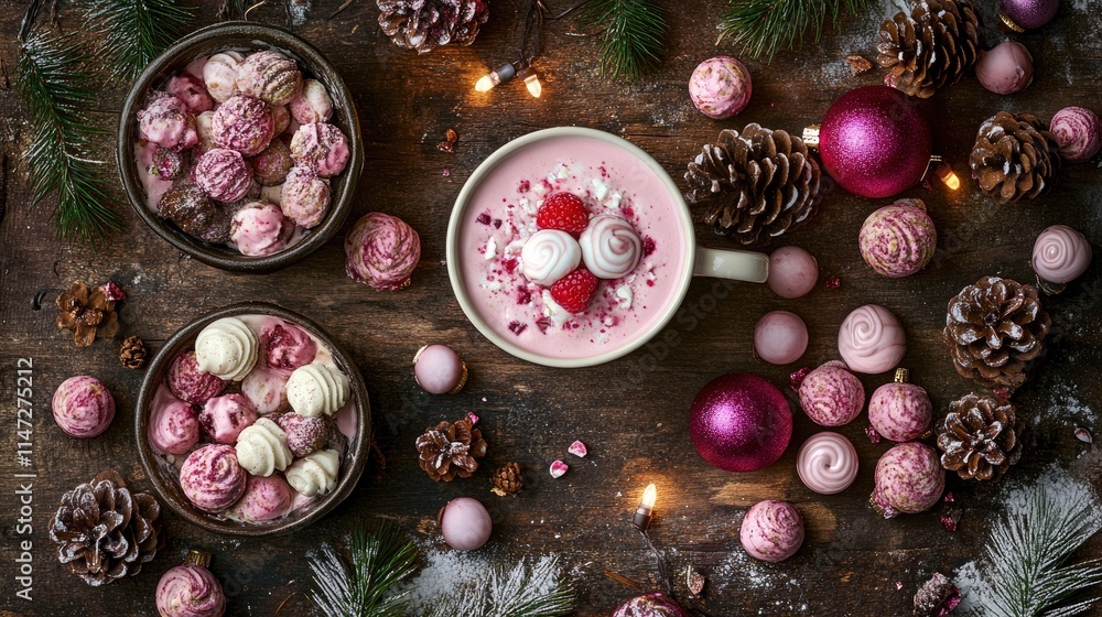Indulge in a luxurious holiday dessert setting featuring creamy pink drinks, assorted sweets, and festive decorations on a rustic wooden table. Indulge in a luxurious holiday dessert setting featuring creamy pink drinks, assorted sweets, and festive decorations on a rustic wooden table.