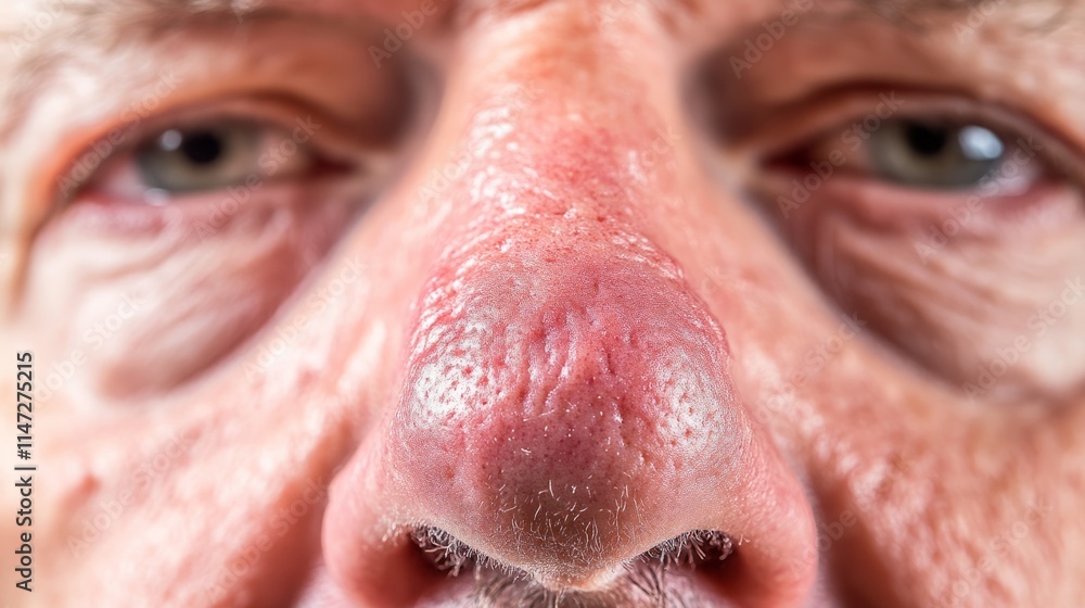 Close up of red irritated nose, emphasizing the discomfort and struggle of allergies or cold symptoms, highlighting the human vulnerability and resilience in the face of common ailments. Close up of red irritated nose, emphasizing the discomfort and struggle of allergies or cold symptoms, highlighting the human vulnerability and resilience in the face of common ailments.