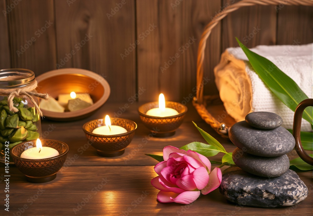 Serene Spa Setting: Candles, Stones, and Lotus Flower for Relaxation and Wellness Serene Spa Setting: Candles, Stones, and Lotus Flower for Relaxation and Wellness