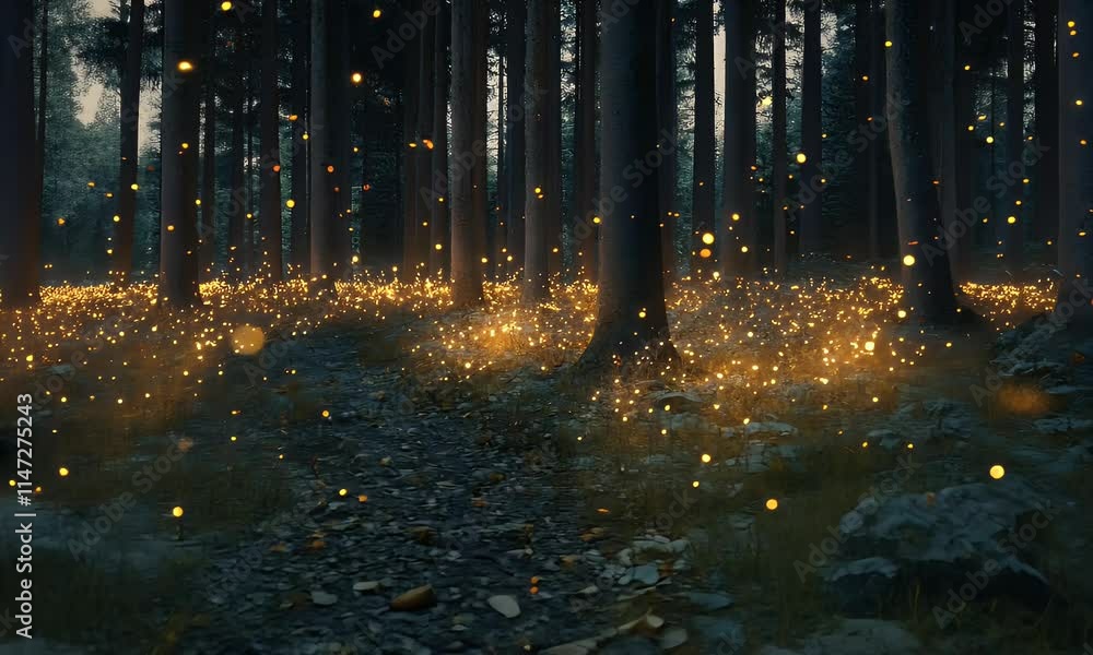 A mystical forest scene illuminated by glowing orbs amidst tall trees at twilight. A mystical forest scene illuminated by glowing orbs amidst tall trees at twilight.
