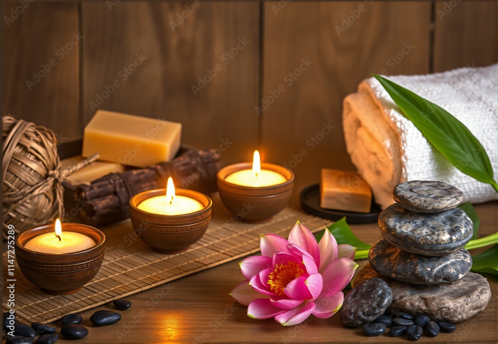 Serene Spa Setting: Candles, Stones, and Lotus Flower for Relaxation and Wellness Serene Spa Setting: Candles, Stones, and Lotus Flower for Relaxation and Wellness
