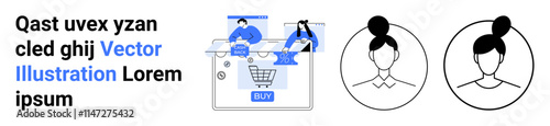 Interface of an online shopping cart being checked by people, two female profile icons. Ideal for online shopping, user interaction, digital identity, profile setup, e-commerce, technology education