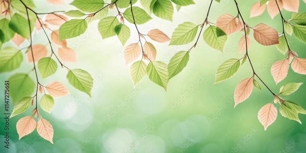 Delicate Branches With Vibrant Green and Peach Leaves Against a Soft Green and White Blurred Background Delicate Branches With Vibrant Green and Peach Leaves Against a Soft Green and White Blurred Background