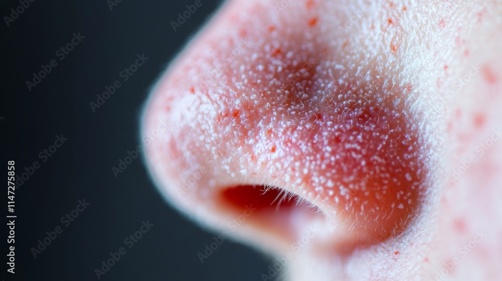 Fototapeta premium Close up of red irritated nose, emphasizing the discomfort and struggle of allergies or cold symptoms, highlighting the human vulnerability and resilience in the face of common ailments.