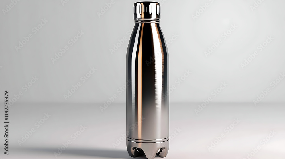 A silver bottle with a silver cap sits on a white background A silver bottle with a silver cap sits on a white background