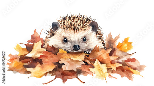 A lovely watercolor painting of a tiny hedgehog peeking out from a pile of leaves, minimal watercolor style illustration isolated on a transparent background

 photo