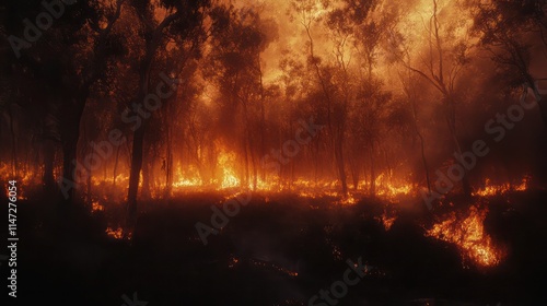 Intense wildfire burning through a forest at night. (1) photo