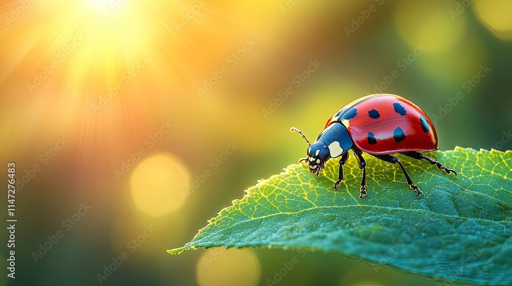 Fototapeta premium A vibrant ladybug perched on a green leaf illuminated by warm sunlight, showcasing nature's beauty in a serene setting