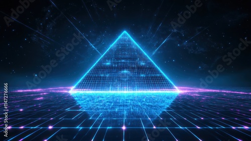 Glowing blue pyramid in digital space.