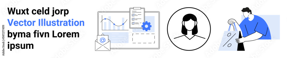 Graph chart, clipboard with data, gears, envelope, female user profile, and man providing feedback. Ideal for business analytics, user profiles, customer feedback data analysis communication tools Graph chart, clipboard with data, gears, envelope, female user profile, and man providing feedback. Ideal for business analytics, user profiles, customer feedback data analysis communication tools