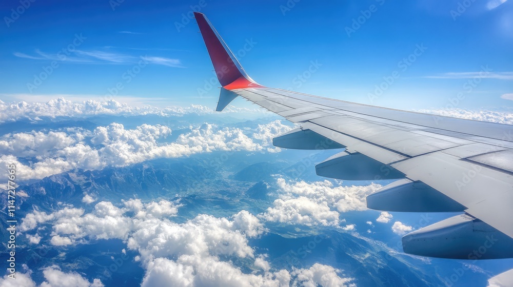 A breathtaking view from a plane window, where fluffy clouds drift lazily below the aircraft, creating a serene and expansive sky scene A breathtaking view from a plane window, where fluffy clouds drift lazily below the aircraft, creating a serene and expansive sky scene