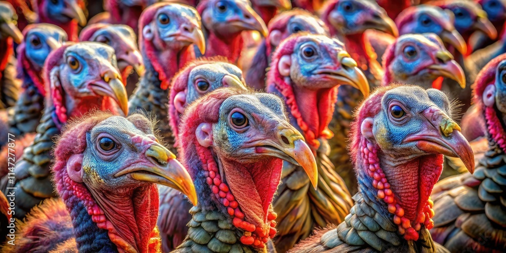 Naklejka premium Close-up long exposure of tightly packed Thanksgiving turkeys, their faces blurred in a flurry of feathers.