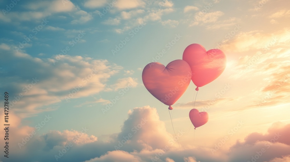 Heart shaped balloons float gently in a sunset sky Heart shaped balloons float gently in a sunset sky