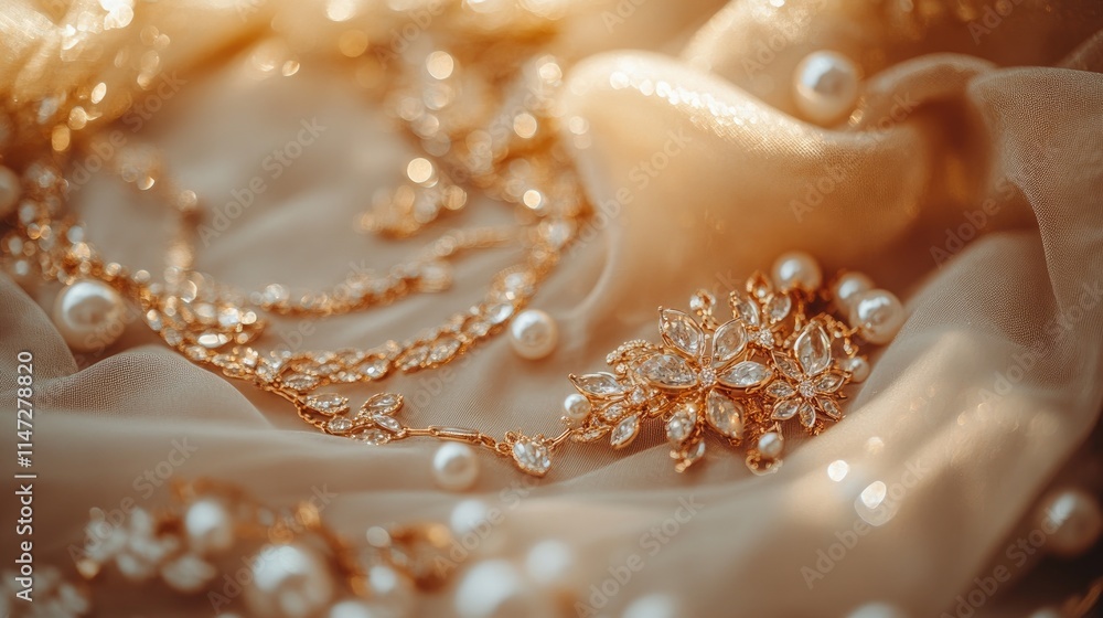A close-up of delicate golden bijouterie on soft light brown fabric, with a mirror showcasing the sparkle and shine of the jewelry, creating a luxurious vibe A close-up of delicate golden bijouterie on soft light brown fabric, with a mirror showcasing the sparkle and shine of the jewelry, creating a luxurious vibe