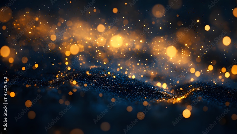 Fototapeta premium Glowing Particles Shimmering Darkly, Abstract Background with Golden Lights and Sparkling Dust, Night Scene with Bokeh Effect