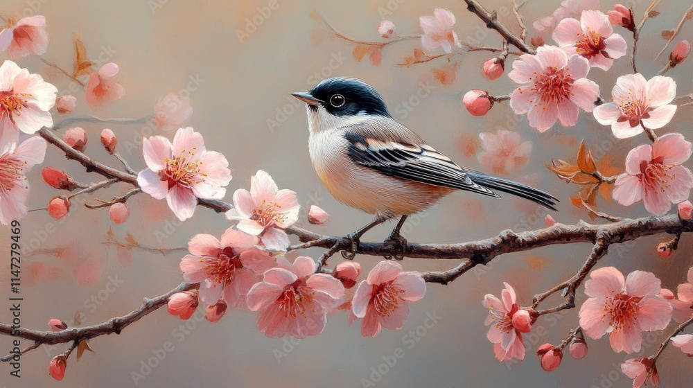 A delicate bird perched on a blossoming cherry tree branch, surrounded by vibrant pink flowers in soft natural light. A delicate bird perched on a blossoming cherry tree branch, surrounded by vibrant pink flowers in soft natural light.