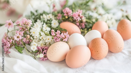 A serene composition of various eggs nestled among delicate spring flowers showcasing nature's beauty and pastel elegance.