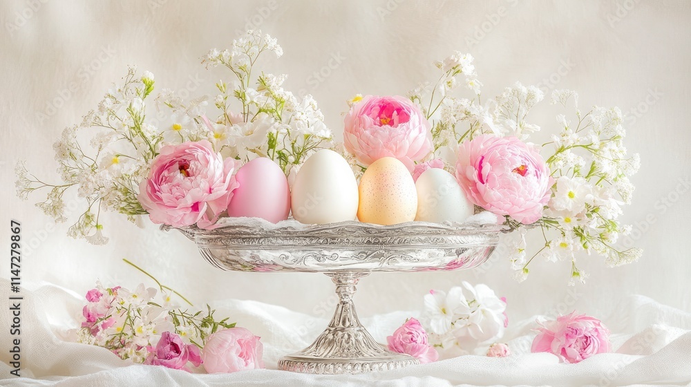 Elegant spring centerpiece featuring pastel Easter eggs and soft pink peonies arranged in a vintage silver bowl. Elegant spring centerpiece featuring pastel Easter eggs and soft pink peonies arranged in a vintage silver bowl.