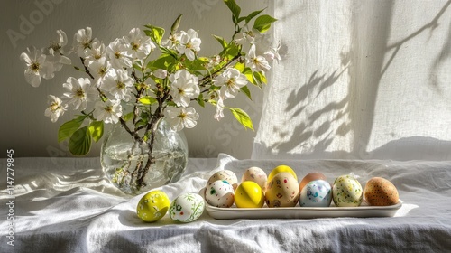 Colorful decorative Easter eggs arranged artfully next to a flowering branch in a serene and bright setting with soft sunlight photo