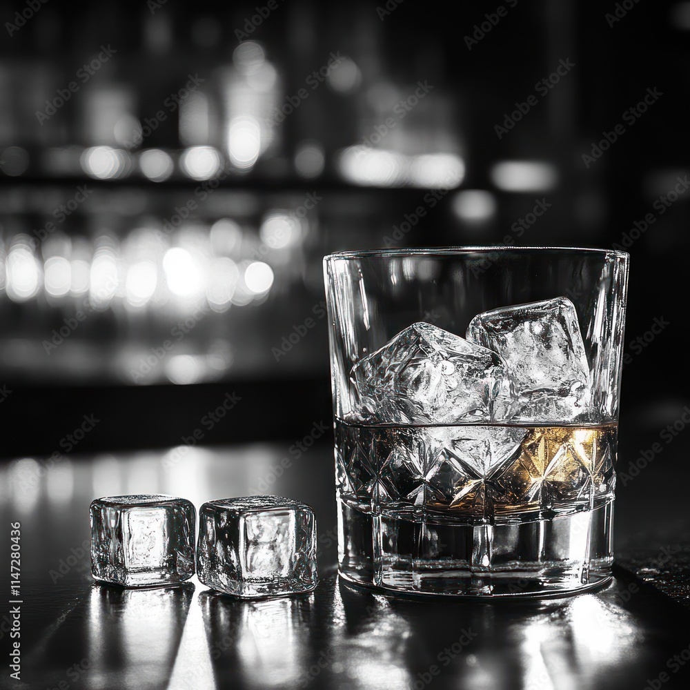 Whiskey on the rocks in a rocks glass on a bar counter with ice cubes. Whiskey on the rocks in a rocks glass on a bar counter with ice cubes.