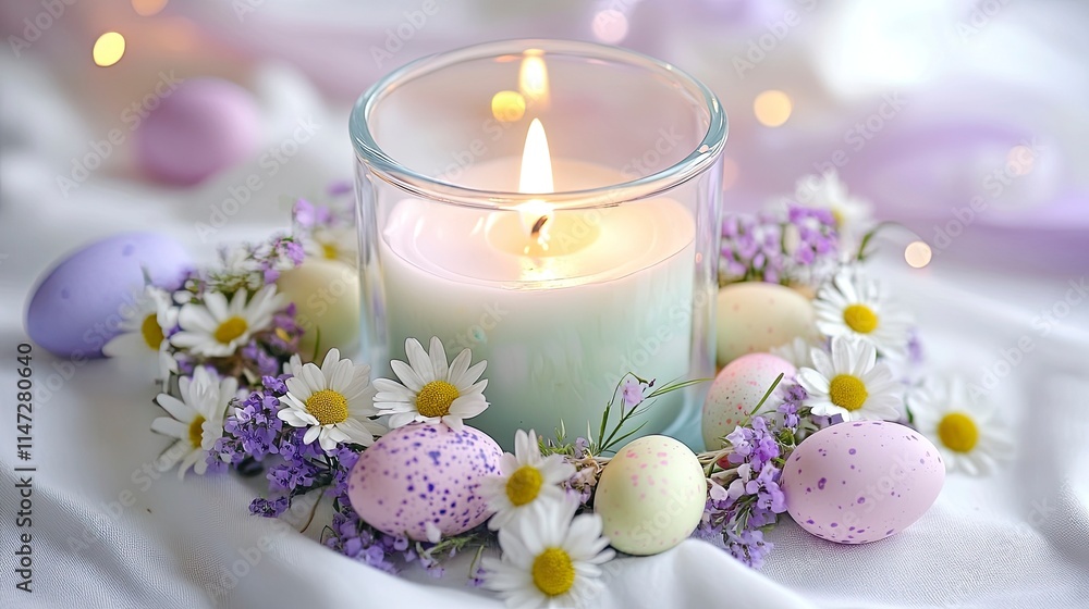 A serene Easter candle setting surrounded by pastel colored eggs and fresh flowers creating a festive atmosphere. A serene Easter candle setting surrounded by pastel colored eggs and fresh flowers creating a festive atmosphere.