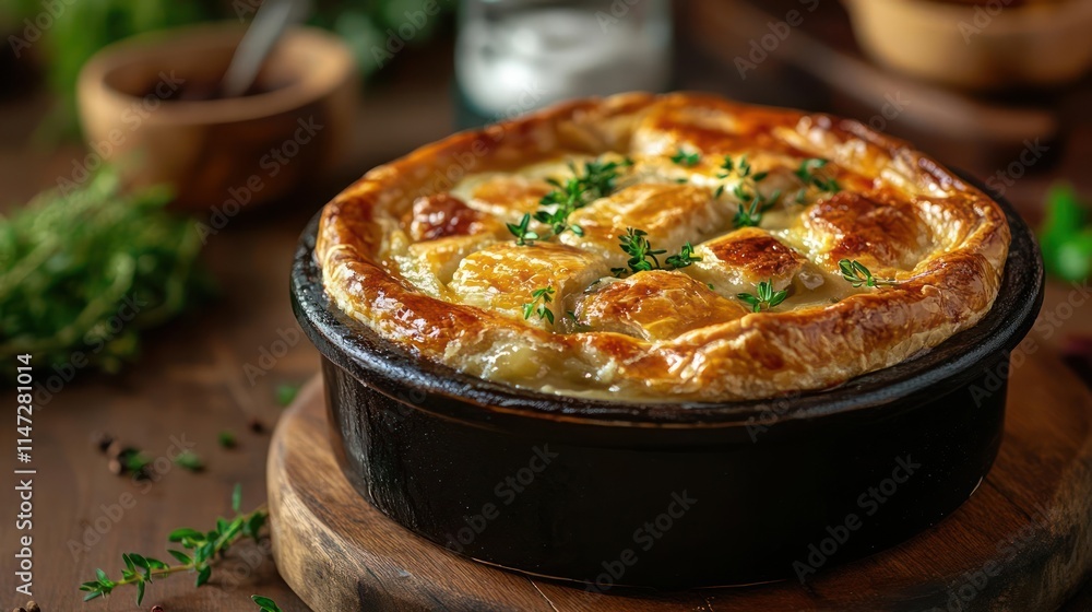 Homemade Quiche Ready To Eat In A Black Casserole Dish With Garnishes. Homemade Quiche Ready To Eat In A Black Casserole Dish With Garnishes.