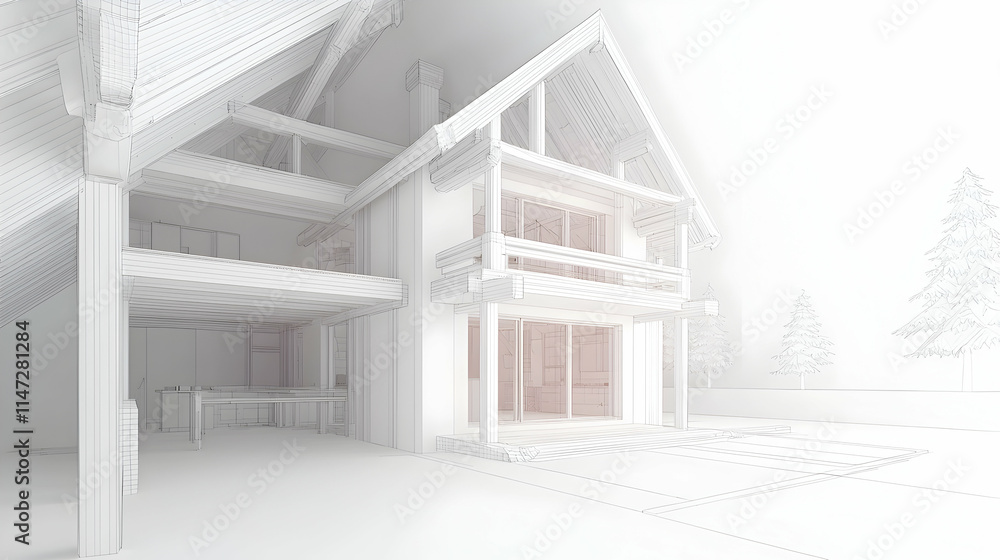 A minimalist architectural rendering of a house with detailed structural elements. A minimalist architectural rendering of a house with detailed structural elements.