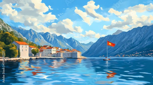 Kotor bay fjord with montenegrin flag adriatic mountains. Fjordic. Illustration photo