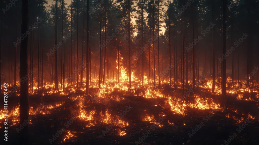 Forest fire burning intensely at night. Forest fire burning intensely at night.