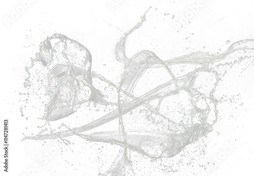 Throwing water to object make curve drop splash in explosion motion. Black background isolated. Throwing Splatter Water splash hit on object to create shape form fluttering in droplet and wave
