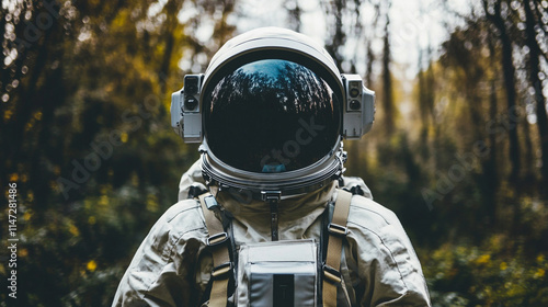 Astronaut exploring a forested area during daylight hours.   photo