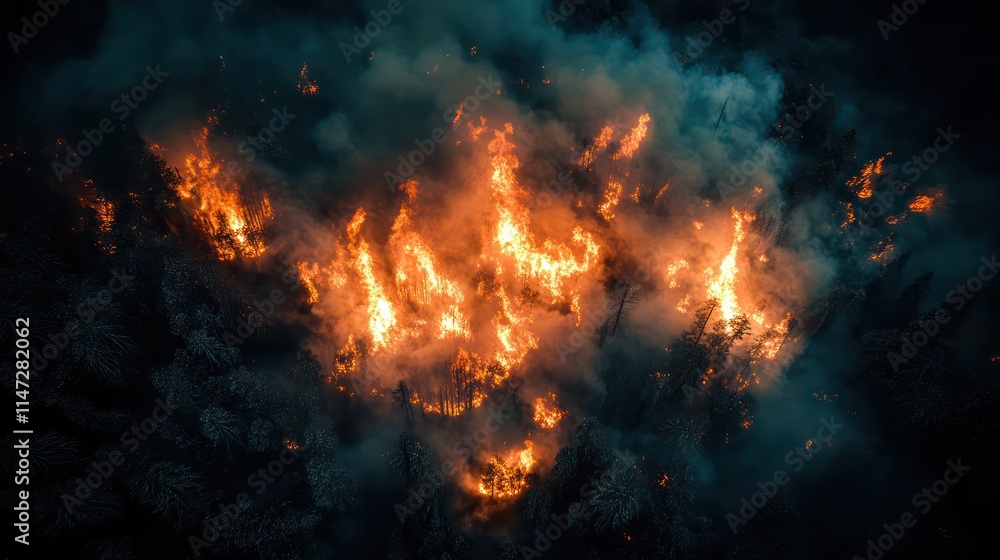 Aerial view of intense wildfire burning trees at night. Aerial view of intense wildfire burning trees at night.