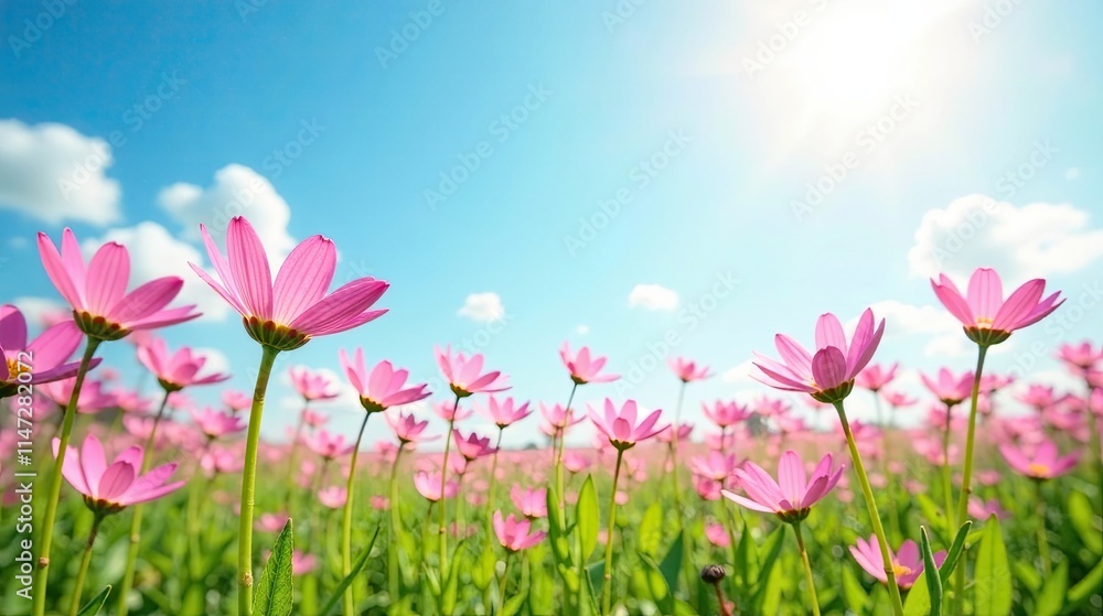 A Serene Meadow of Delicate Pink Blossoms Under a Bright Sunny Sky A Serene Meadow of Delicate Pink Blossoms Under a Bright Sunny Sky