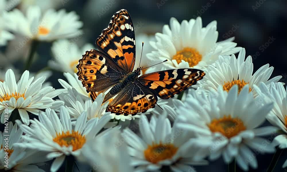 A vibrant butterfly perched on white daisies in a serene, natural setting. A vibrant butterfly perched on white daisies in a serene, natural setting.