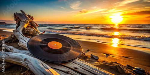 vinyl record rests on driftwood at sunset, capturing warm tones and serene beach vibes. waves gently lap at shore, creating peaceful atmosphere
