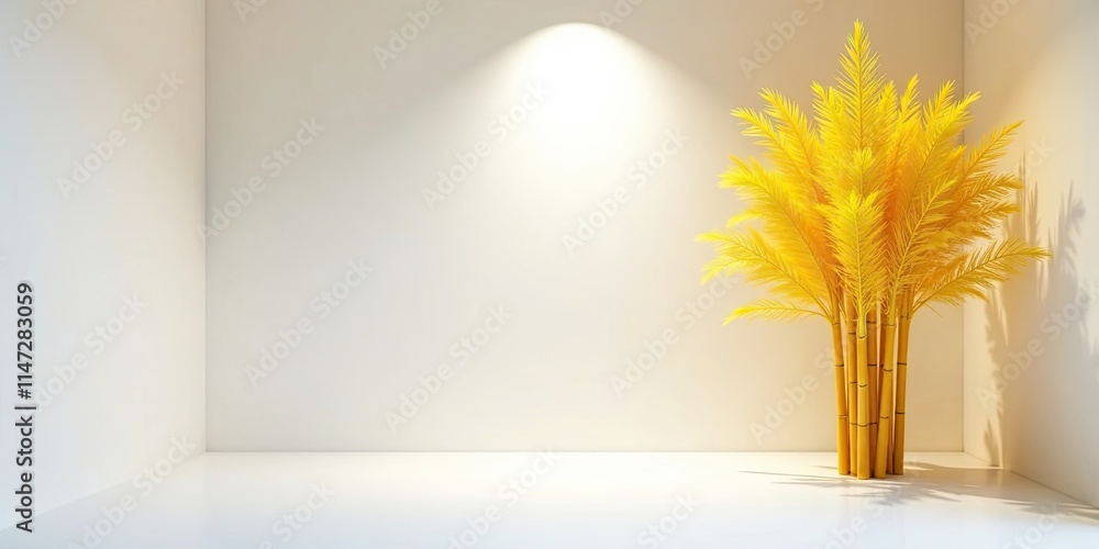 Obraz premium Illuminated Corner with Bright Yellow Tropical Plant in Minimalist Room