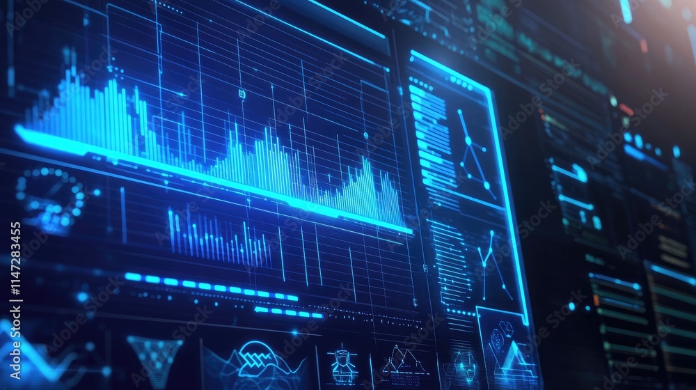 A futuristic computer screen displaying blue digital lines and green energy icons, with a background featuring an electric power station and solar panels, representing clean energy A futuristic computer screen displaying blue digital lines and green energy icons, with a background featuring an electric power station and solar panels, representing clean energy
