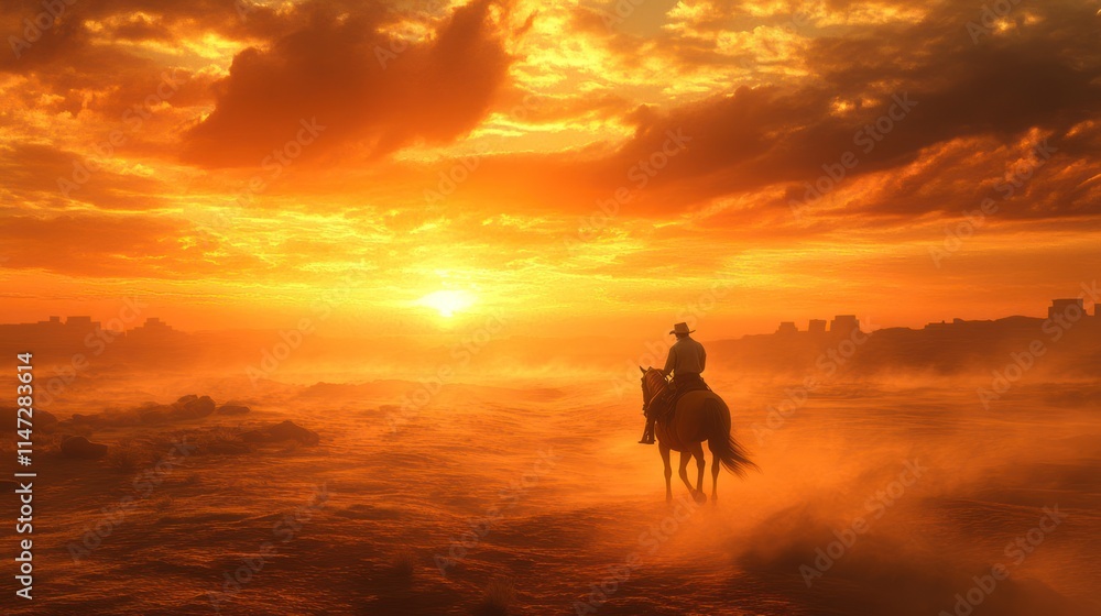 Lone cowboy riding horse into sunset, dusty plains. Lone cowboy riding horse into sunset, dusty plains.